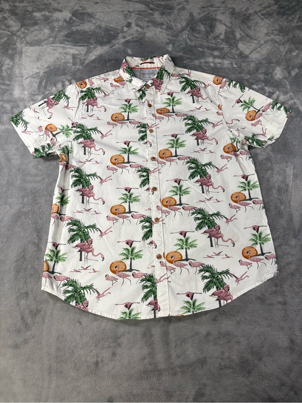 Denim & Flower White Flamingo Palm Print Short-Sleeve Button-Up